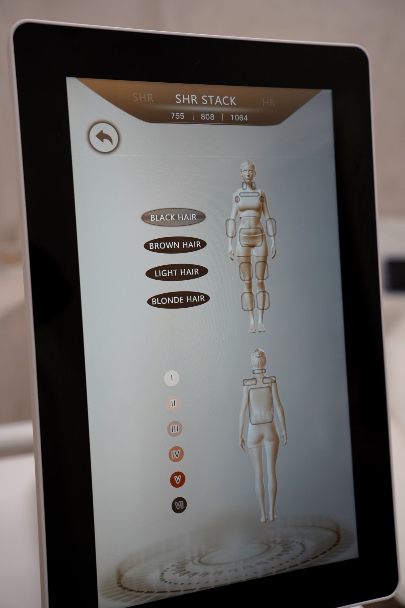 The Skyn Lux screen for choosing hair colour and treatment area